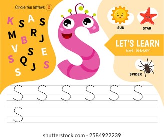 Kids learning material. Worksheet for learning alphabet. Letter S. Illustration of cute cartoon monster letters.
