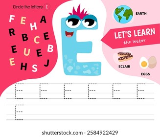 Kids learning material. Worksheet for learning alphabet. Letter E. Illustration of cute cartoon monster letters.
