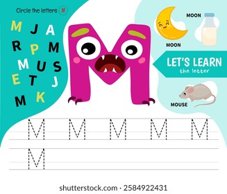 Kids learning material. Worksheet for learning alphabet. Letter M. Illustration of cute cartoon monster letters.
