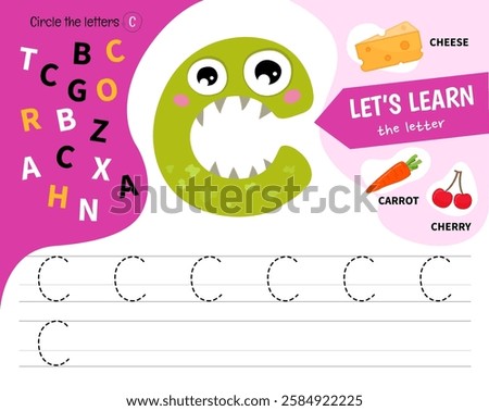 Kids learning material. Worksheet for learning alphabet. Letter C. Illustration of cute cartoon monster letters.
