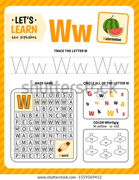 Kids learning material. Worksheet for learning
alphabet. Letter W.
