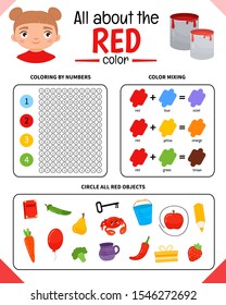 Kids learning material. Worksheet for learning colors. Red color.