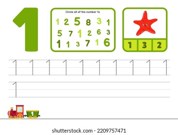 Kids learning material. Worksheet for  kindergarten. Number 1-10 collection.