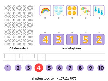 Kids learning material. Worksheet for learning numbers. Number 4. Cartoon illustration of weather.