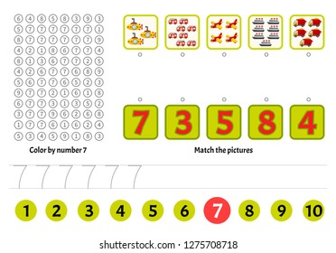 Kids learning material. Worksheet for learning numbers. Number 7. Cartoon illustration of toys.