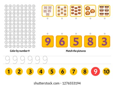 Kids learning material. Worksheet for learning numbers. Number 9.  Cartoon illustration of cute animals.