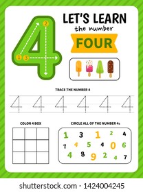 Kids Learning Material. Worksheet For Learning Numbers. Number 4. 