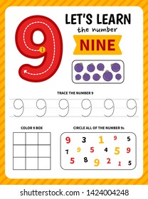 Kids learning material. Worksheet for learning numbers. Number 9. 