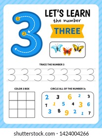 Kids learning material. Worksheet for learning numbers. Number 3. 
