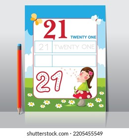 Kids learning material. Worksheet for learning numbers. Number 21.