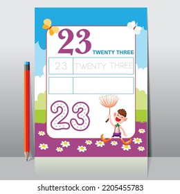 Kids learning material. Worksheet for learning numbers. Number 23.