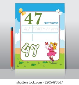 Kids learning material. Worksheet for learning numbers. Number 47.