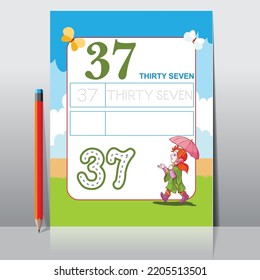 Kids learning material. Worksheet for learning numbers. Number 37.