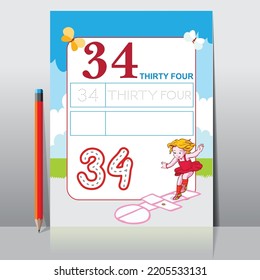 Kids learning material. Worksheet for learning numbers. Number 34.