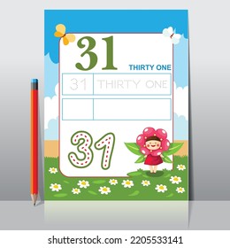 Kids learning material. Worksheet for learning numbers. Number 31.