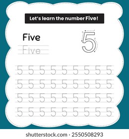 Kids learning material. Worksheet for learning numbers. Number 5.