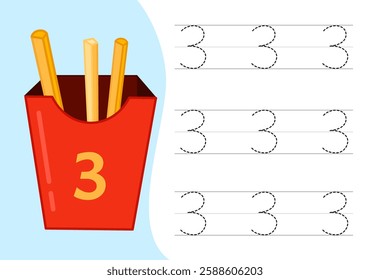 Kids learning material. Worksheet for learning numbers. Number 3.