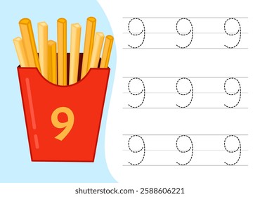 Kids learning material. Worksheet for learning numbers. Number 9.