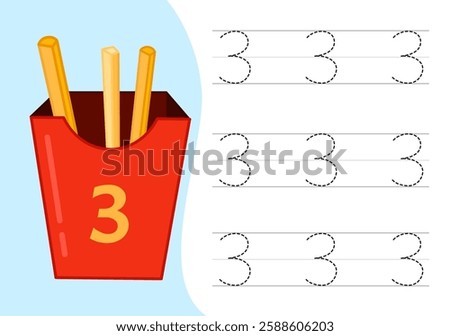 Kids learning material. Worksheet for learning numbers. Number 3.