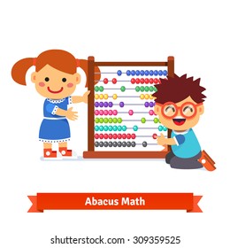 Kids are learning math with big kindergarten wooden colorful abacus. Flat style cartoon vector illustration isolated on white background.