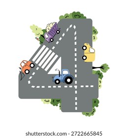Kids Learning Number 4 with Road and Vehicle Elements