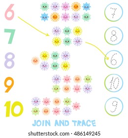 Kids learning number material 6 to 10. Join and Trace. Illustration of Education Counting Game for Preschool Children. Kawaii snowflake set blue mint orange pink lilac funny face with eyes. Vector 