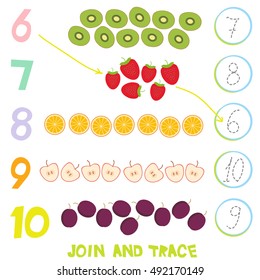 Kids learning number material 6 to 10 Trace Then match. Illustration of Education Counting Game for Preschool Children strawberry kiwi apple orange plum. Vector