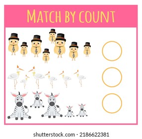 Material del número de aprendizaje infantil. Juego educativo para niños preescolares con diferentes materias. Ilustración vectorial de dibujos animados