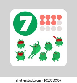 Kids Learning Numbers Cards. 7 Funny Frogs. Cartoon Style Vector Illustration