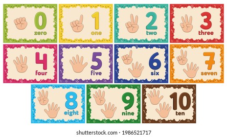 Kids Learning Numbers Flashcards. Finger counting. Zero to Ten. Vector illustration.