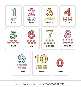 Crianças Aprendendo Números Flashcards. Contagem de dedos. De zero a dez. Ilustração vetorial. Números de aprendizagem flashcards para crianças pré-escolares de 1 a 10. Conjunto de planilhas de atividade com rastreamento. 114