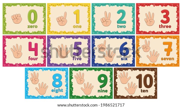 Kids Learning Numbers Flashcards. Finger
counting. Zero to Ten. Vector
illustration.