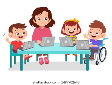 Kids learning on internet with laptop with teacher