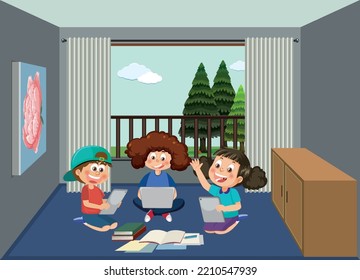 Kids learning online at home illustration