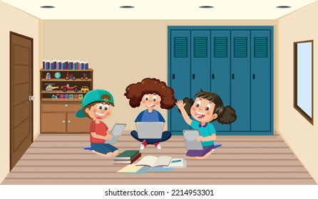 Kids learning online at home illustration