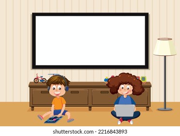 Kids learning online at home illustration