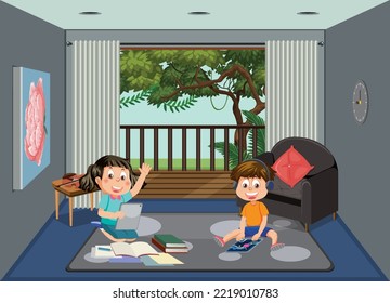 Kids learning online at home illustration