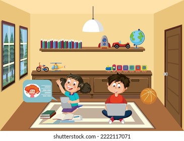 Kids learning online at home illustration
