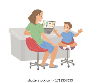 Kids learning online, a school program on the Internet, distance education, a test for the child, entertainment and computer hobbies. Tutor or teacher for students. Vector illustration