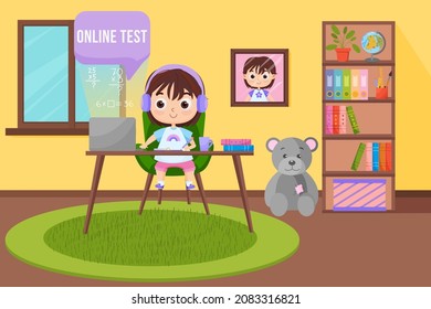 Kids learning online test. Online test at home, distance learning concept. Cartoon vector illustration.