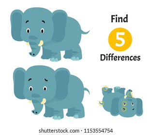 Kids Learning Page. Find Differences, Education Game for Children with Cartoon Elephant Character. Vector Illustration