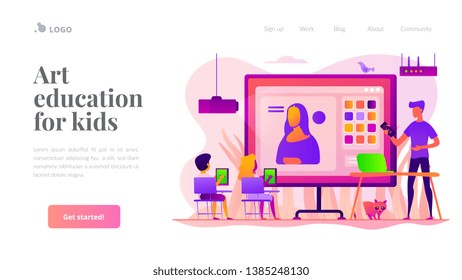 Kids learning to paint on tablets in classroom and teacher with laptop, tiny people. Art lessons, digital art studio, art education for kids concept. Website homepage header landing web page template.