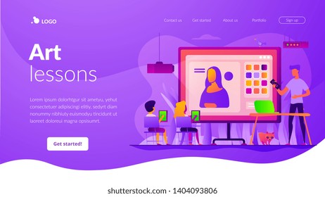 Kids learning to paint on tablets in classroom and teacher with laptop, tiny people. Art lessons, digital art studio, art education for kids concept. Website homepage header landing web page template.