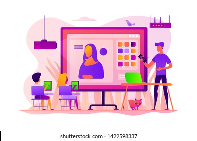 Niños aprendiendo a pintar en tabletas en clase y profesores con laptop, gente pequeña. Clases de arte, estudio de arte digital, concepto de educación artística para niños. Ilustración creativa de concepto aislado por vectores.
