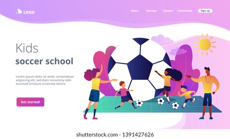 Kids Learning To Play Soccer With Balls On The Field In Summer Camp, Tiny People. Soccer Camp, Football Academy, Kids Soccer School Concept. Website Homepage Landing Web Page Template.