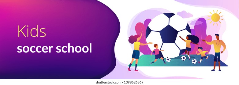 Kids learning to play soccer with balls on the field in summer camp, tiny people. Soccer camp, football academy, kids soccer school concept. Bright vibrant violet vector isolated illustration