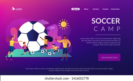 Kids Learning To Play Soccer With Balls On The Field In Summer Camp, Tiny People. Soccer Camp, Football Academy, Kids Soccer School Concept. Website Homepage Landing Web Page Template.