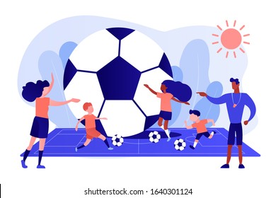 Kids learning to play soccer with balls on the field in summer camp, tiny people. Soccer camp, football academy, kids soccer school concept. Pinkish coral bluevector isolated illustration