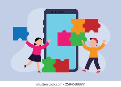 Kids Learning and Problem-Solving with Digital Puzzle 2d flat vector illustrations