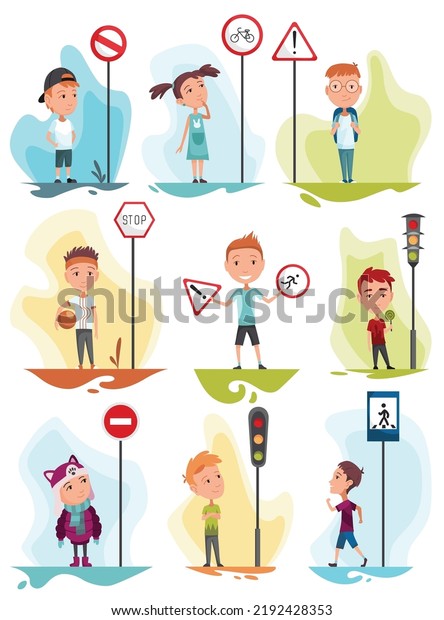 Kids Learning Road Signs Traffic Road Stock Vector (Royalty Free ...